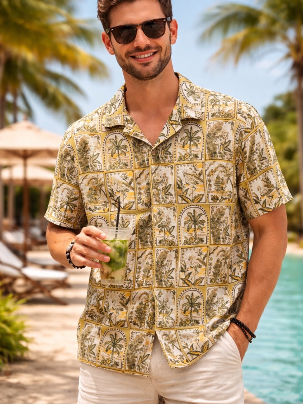 C.C California Men's Tropical Print Button-Down Shirt Large